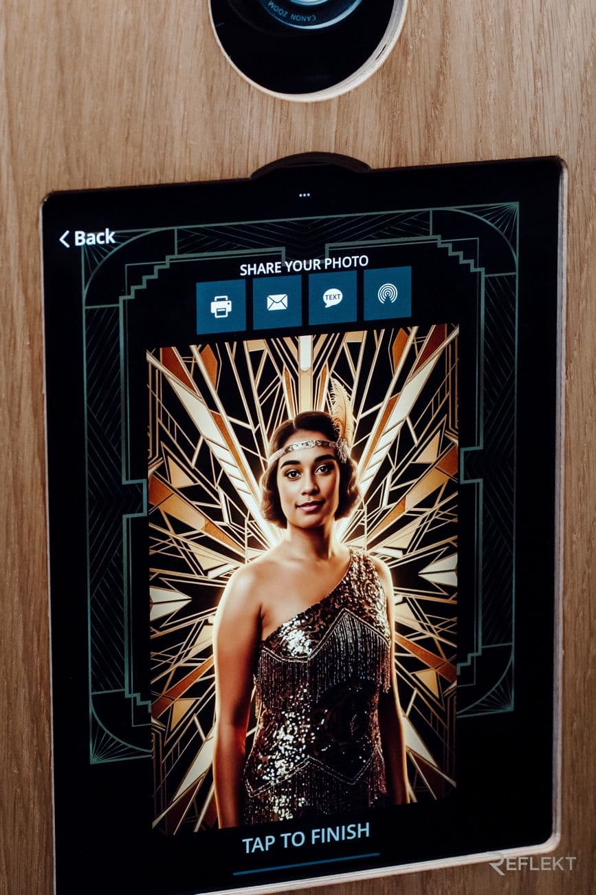 Gatsby AI photo booth screen showing a guest transformed into a 1920s Art Deco portrait