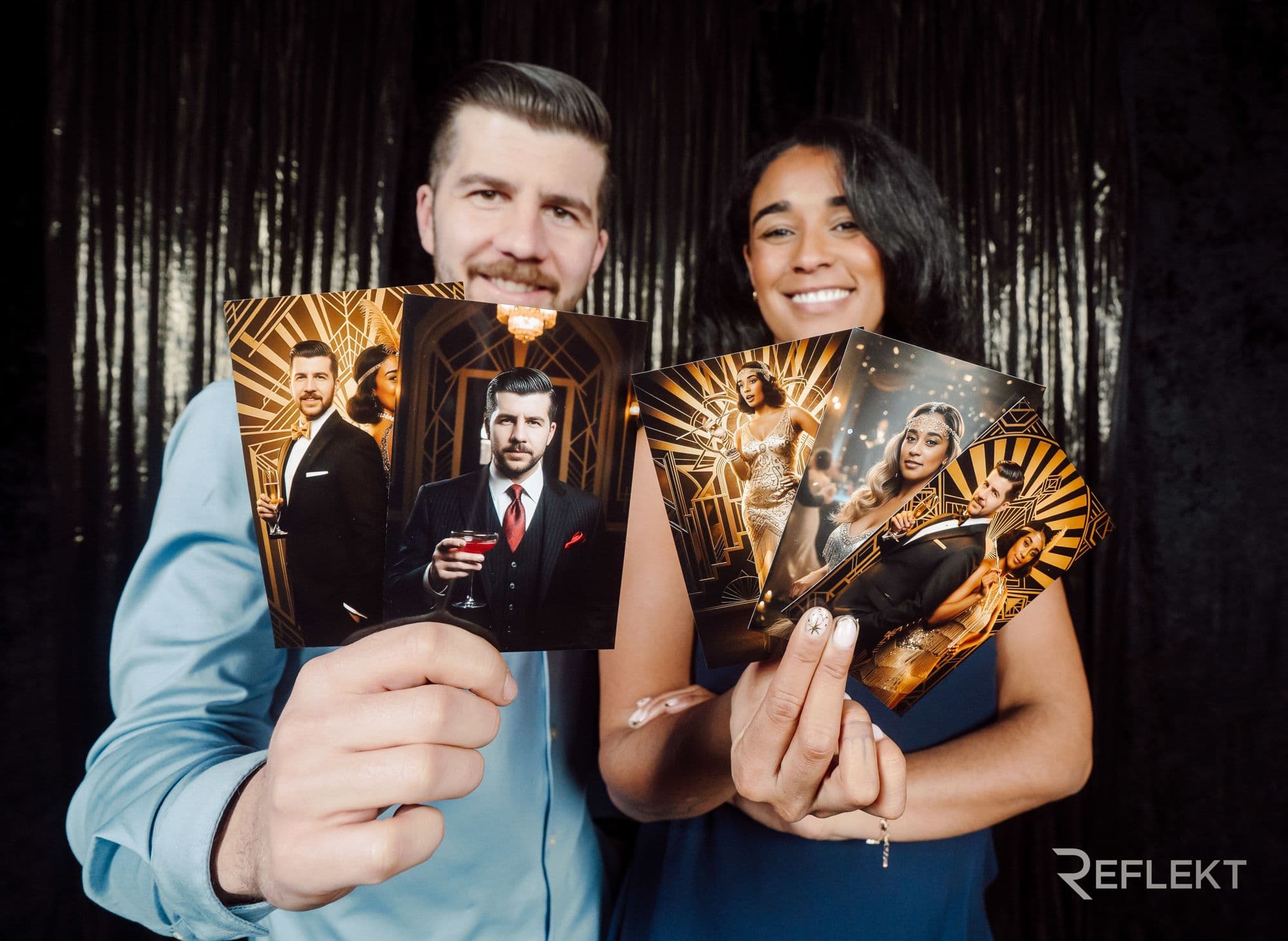 Two guests holding their Gatsby-style AI photo booth prints