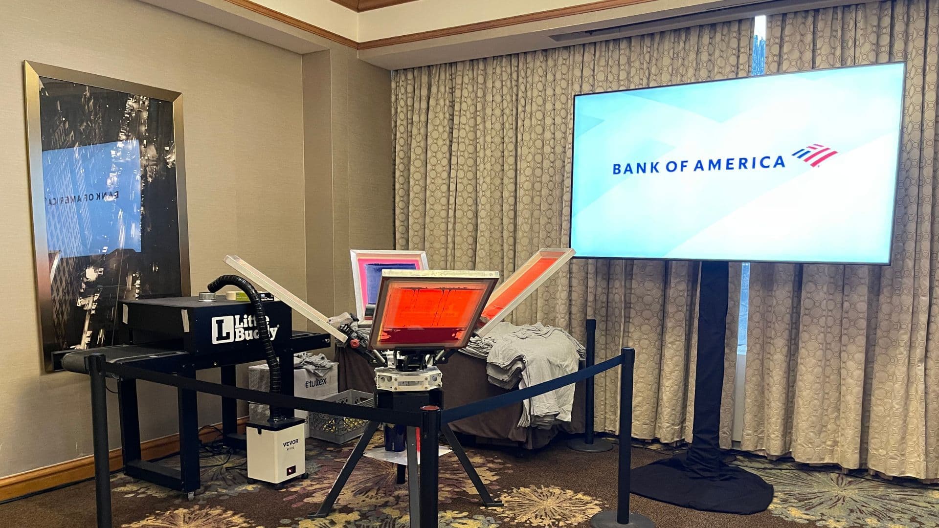 Live screen printing station set up for a Bank of America corporate event by Reflekt Experiences