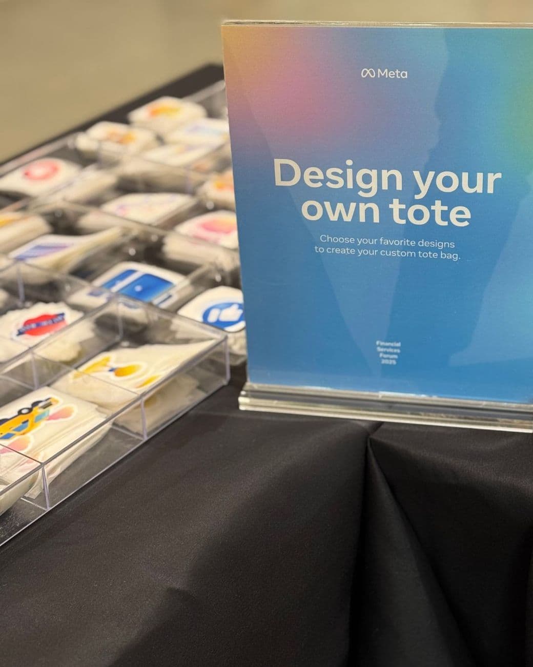 Design your own tote sign at a Meta event with trays of press-on designs